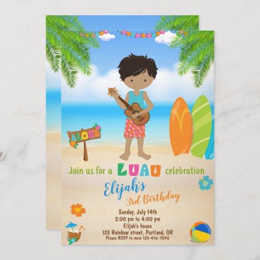ルアウ（ハワイ式宴会）誕生日の招待トロピカルビーチパーティーボーイ 招待状 (正面/裏面)