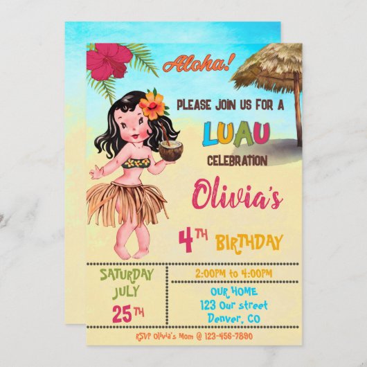 ルアウ（ハワイ式宴会）誕生日の招待ハワイアンアロハ 招待状 (正面/裏面)