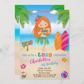 ルアウ(ハワイ式宴会)誕生日の招待ハワイアンビーチパーティー女の子 招待状 (正面/裏面)