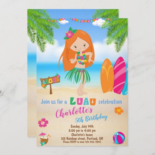 ルアウ(ハワイ式宴会)誕生日の招待ハワイアンビーチパーティー女の子 招待状 (正面/裏面)