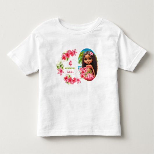 ルアウ(ハワイ式宴会)誕生日トロピカルビーチパーティーネームガール トドラーTシャツ (正面)