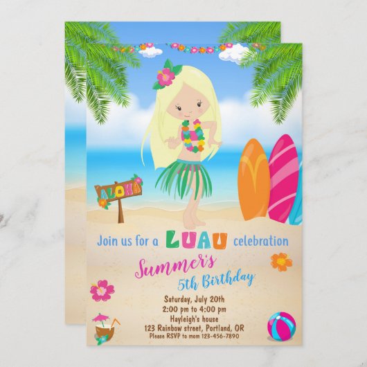 ルアウ(ハワイ式宴会)誕生日ハワイアン招待ガール 招待状 (正面/裏面)