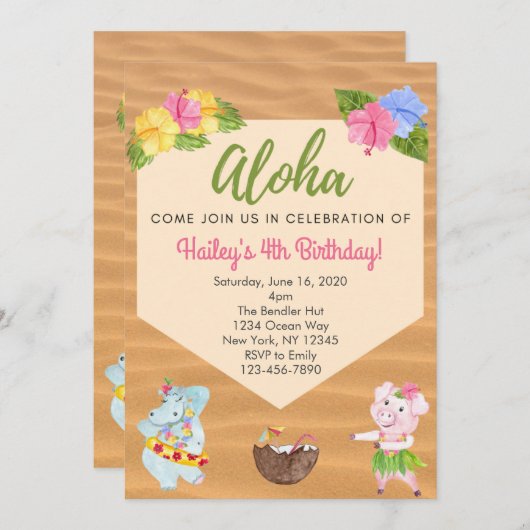 ルアウ（ハワイ式宴会）誕生日パーティーへの招待 招待状 (正面/裏面)