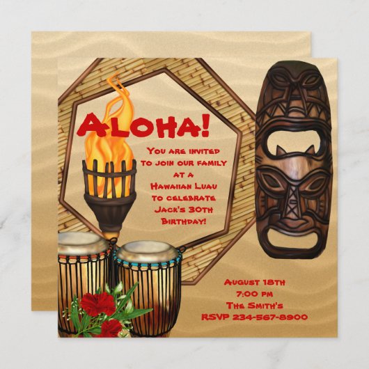 ルアウ（ハワイ式宴会）誕生日パーティーハワイアンルアウ（ハワイ式宴会）パーティー 招待状 (正面/裏面)