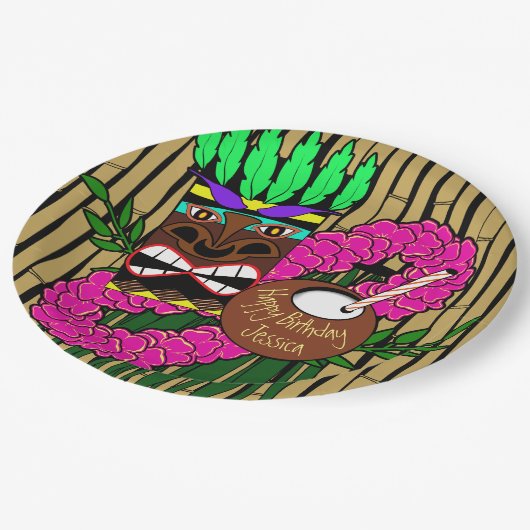 ルアウ（ハワイ式宴会）誕生日パーティープレート名前をカスタムする ペーパープレート (アングル)