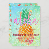 ルアウ(ハワイ式宴会)誕生日パーティー水の色パイナップル 招待状 (正面/裏面)