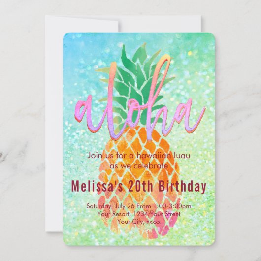 ルアウ(ハワイ式宴会)誕生日パーティー水の色パイナップル 招待状 (正面)
