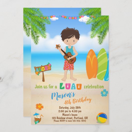ルアウ(ハワイ式宴会)誕生日ルアウ(ハワイ式宴会)招待ボーイアロハ 招待状 (正面/裏面)