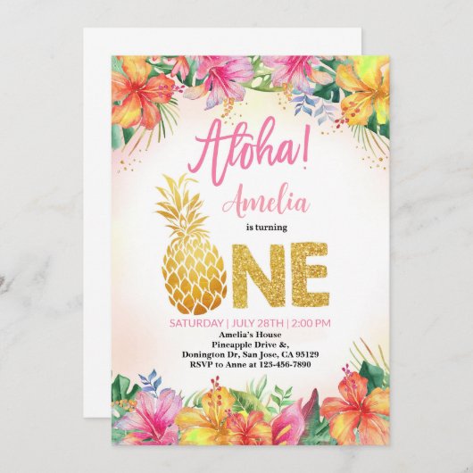 ルアウ(ハワイ式宴会)誕生日招待状ガールファースト誕生日インクト 招待状 (正面/裏面)