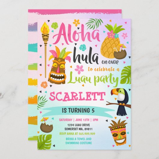 ルアウ(ハワイ式宴会)誕生日招待状ハワイアンルアウ(ハワイ式宴会)パーティー 招待状 (正面/裏面)
