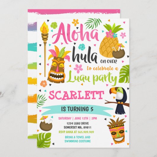 ルアウ（ハワイ式宴会）誕生日招待状ハワイアンルアウ（ハワイ式宴会）パーティー 招待状 (正面/裏面)