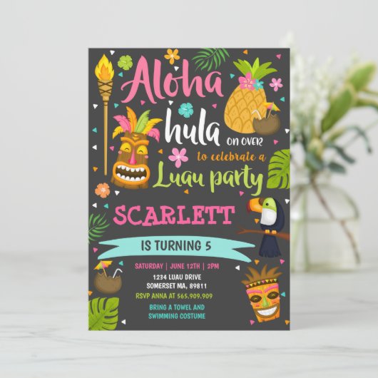 ルアウ（ハワイ式宴会）誕生日招待状ハワイアンルアウ（ハワイ式宴会）パーティー 招待状 (スタンド正面)
