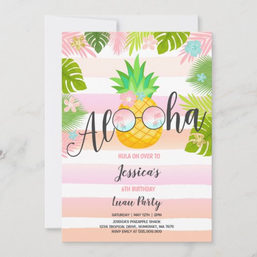 ルアウ(ハワイ式宴会)誕生日招待状パイナップルハワイアンルアウ(ハワイ式宴会) 招待状 (正面)