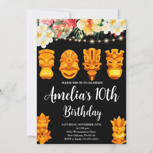 ルアウ(ハワイ式宴会)誕生日、ティキマスクパーティー、アロハ、熱帯地方 招待状 (正面)