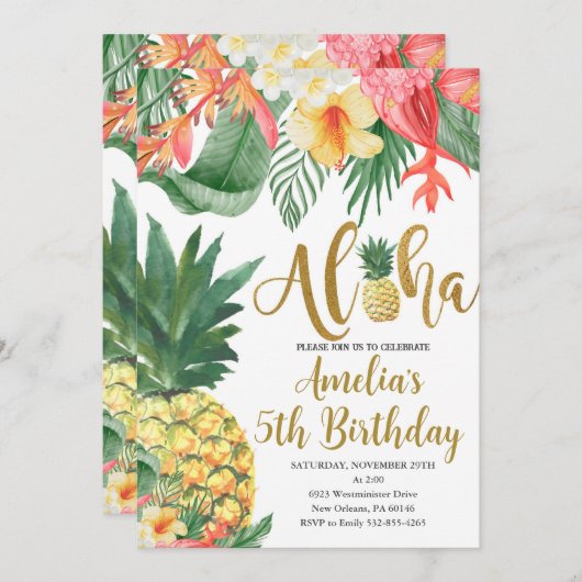 ルアウ（ハワイ式宴会）誕生日、トロピカルバースデーパーティー、アロハ 招待状 (正面/裏面)