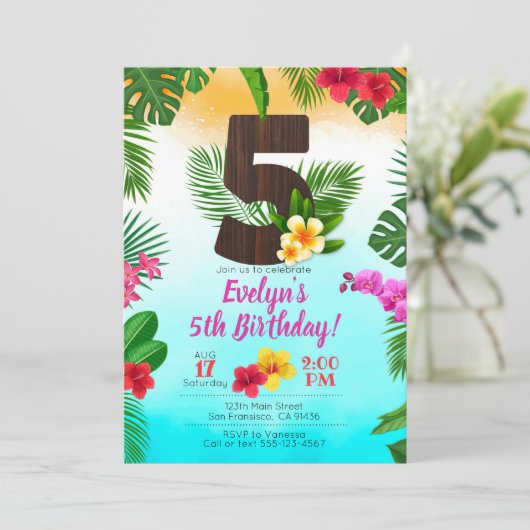 ルアウ(ハワイ式宴会)誕生日、招待状ルアウ(ハワイ式宴会)パーティー第5誕生日 招待状 (スタンド正面)