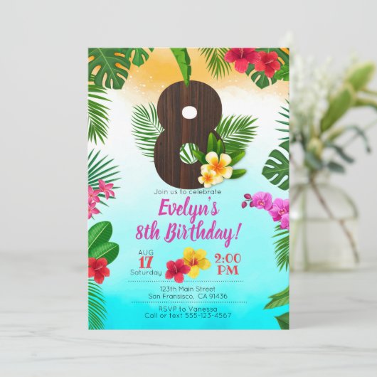 ルアウ(ハワイ式宴会)誕生日、招待状ルアウ(ハワイ式宴会)パーティー第8誕生日 招待状 (スタンド正面)