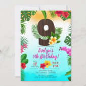 ルアウ(ハワイ式宴会)誕生日、招待状ルアウ(ハワイ式宴会)パーティー第9誕生日 招待状 (正面)