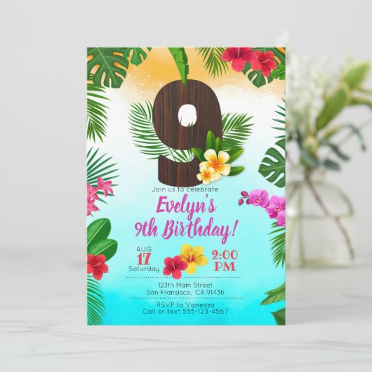 ルアウ（ハワイ式宴会）誕生日、招待状ルアウ（ハワイ式宴会）パーティー第9誕生日 招待状 (スタンド正面)