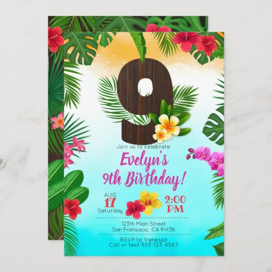 ルアウ(ハワイ式宴会)誕生日、招待状ルアウ(ハワイ式宴会)パーティー第9誕生日 招待状 (正面/裏面)