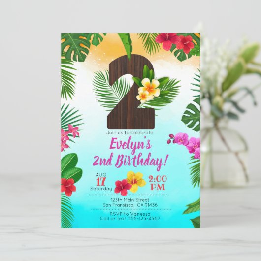 ルアウ（ハワイ式宴会）誕生日、招待状ルアウ（ハワイ式宴会）パーティー2日目の誕生日 招待状 (スタンド正面)