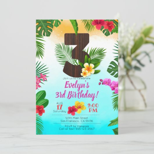 ルアウ（ハワイ式宴会）誕生日、招待状ルアウ（ハワイ式宴会）パーティー3番目の誕生日 招待状 (スタンド正面)