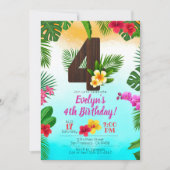 ルアウ（ハワイ式宴会）誕生日、招待状ルアウ（ハワイ式宴会）パーティー4歳誕生日 招待状 (正面)