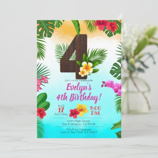 ルアウ（ハワイ式宴会）誕生日、招待状ルアウ（ハワイ式宴会）パーティー4歳誕生日 招待状 (スタンド正面)