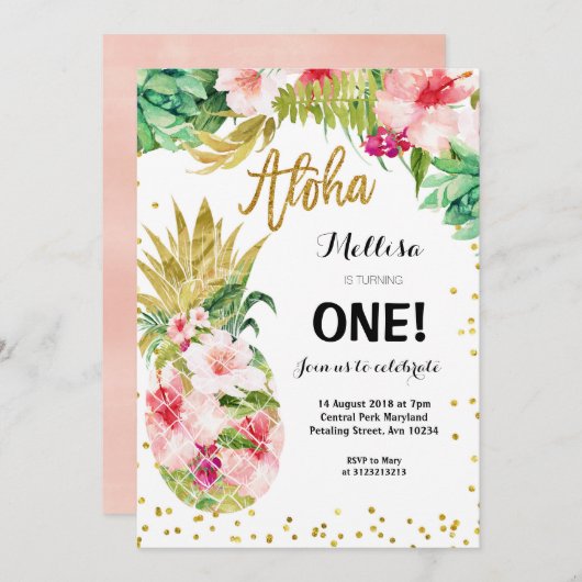 ルアウ(ハワイ式宴会)金ゴールドパイナップルファースト誕生日招待状 招待状 (正面/裏面)