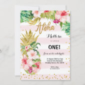 ルアウ(ハワイ式宴会)金ゴールドパイナップル5番目の誕生日招待状 招待状 (正面)