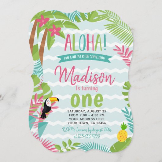 ルアウ（ハワイ式宴会）1歳の誕生日 招待状 (正面/裏面)