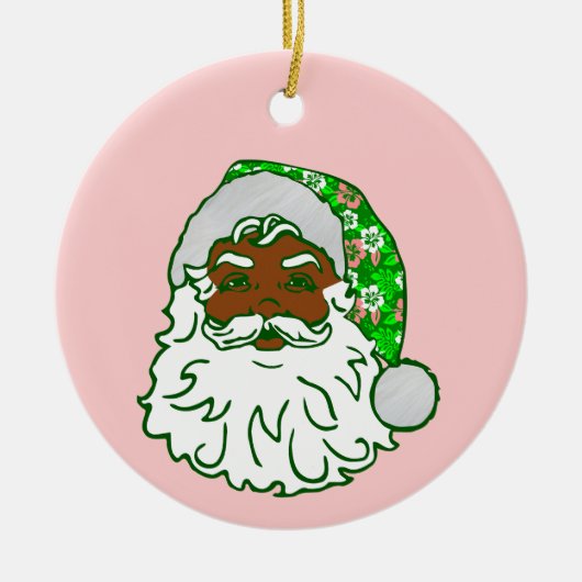 ルアウ ピンク クリスマス ハワイアン アフリカ系 黒人サンタ セラミックオーナメント (正面)