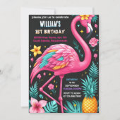 ルアウ フライ ピンク フラミンゴ プール パーティー 1歳の誕生日 招待状 (正面)