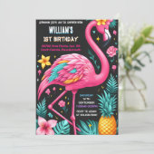 ルアウ フライ ピンク フラミンゴ プール パーティー 1歳の誕生日 招待状 (スタンド正面)