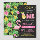 ルアウ フラミンゴ トロピカル 1歳の誕生日 招待状 (正面/裏面)