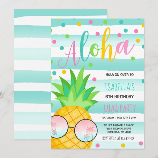 ルアウ 誕生日 招待状 パイナップル ハワイアン ルアウ (正面/裏面)