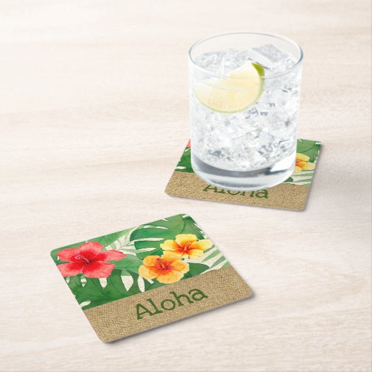 ルアナ·ウォーターカラー熱帯鮮やかなフローラ スクエアペーパーコースター (インサイチュ)