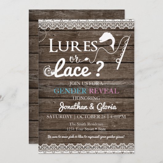 ルアーまたはレース性別が青またはピンクを明らかにする 招待状 (正面/裏面)
