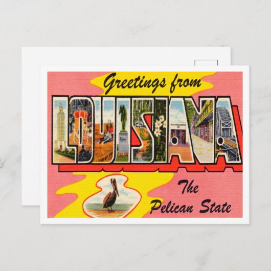 ルイジアナからのご挨拶，ペリカン州旅行 ポストカード (正面/裏面)