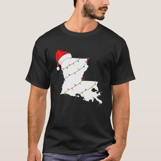 ルイジアナの地図クリスマスとサンタハットクリスマスライト Tシャツ (正面)