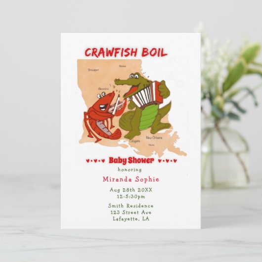 ルイジアナマップクロフィッシュ沸騰ベビーシャワー招待状 招待状 (スタンド正面)