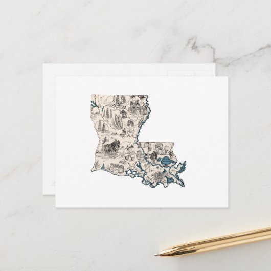 ルイジアナヴィンテージ写真マップアンティーク州図 ポストカード (正面/裏面インサイチュ)