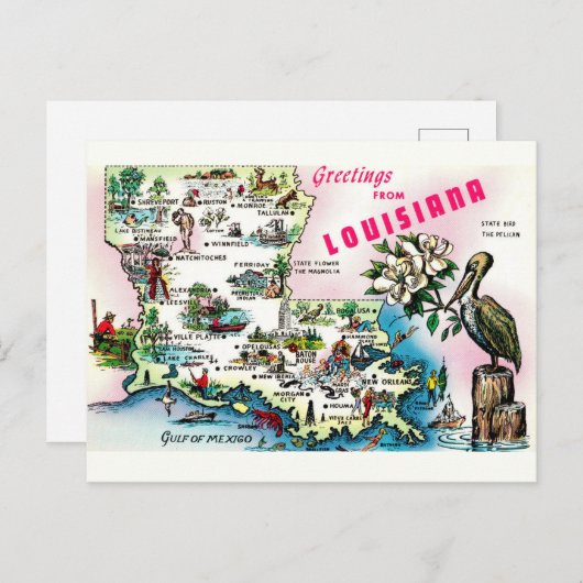 ルイジアナ地図ヴィンテージはがき ポストカード (正面/裏面)