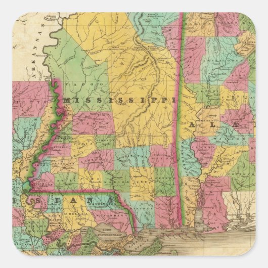 ルイジアナ・ミシシッピとアラバマの地図 スクエアシール (正面)