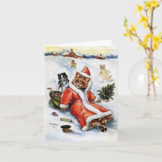 ルイス・ウェインのクリスマス サンタ猫 カード (黄色い花)