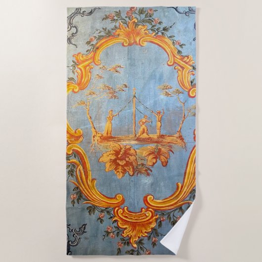 ルイ15世エレガント金ゴールドペイズリー王室のフローラブルー ビーチタオル (正面)