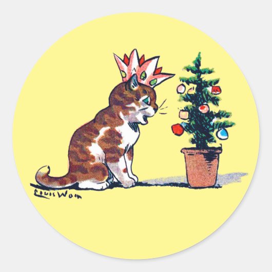 ルイ・ワインのクリスマスツリーと子猫 ラウンドシール (正面)