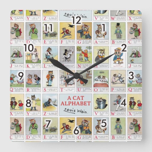 ルイ・ワイン・キャット・アルファベット スクエア壁時計 (正面)
