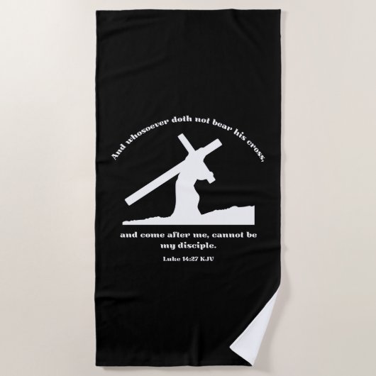 ルカ14:27 KJVイエス・クロス・キリスト教の聖書聖句 ビーチタオル (正面)