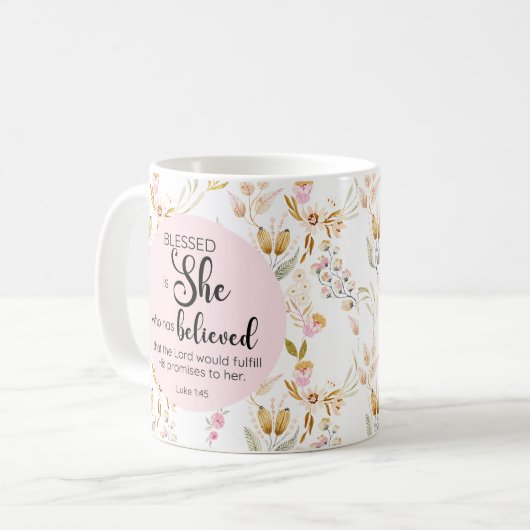 ルカ1:45は賛美彼女の水色ピンクのフローラ コーヒーマグカップ (正面左)